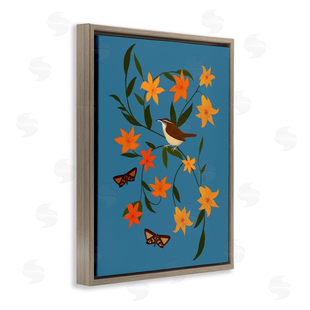 Sparrow on Lily Bunches Brown Floating Frame Canvas Wall Art, Home Decor by Michelle Ingari Designs