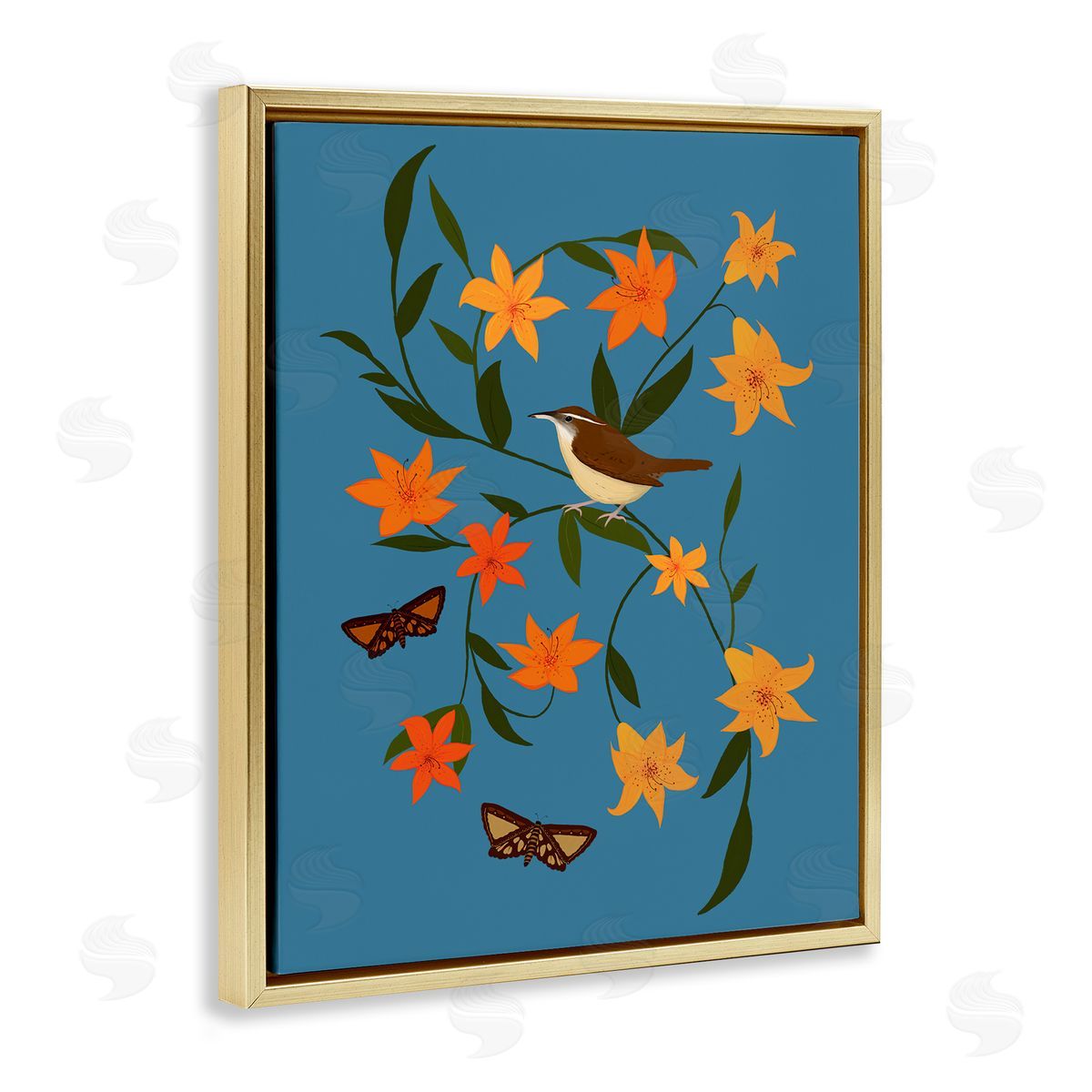 Sparrow on Lily Bunches Gold Floating Frame Canvas Wall Art, Home Decor by Michelle Ingari Designs