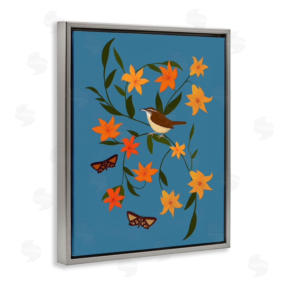 Sparrow on Lily Bunches Grey Floating Frame Canvas Wall Art, Home Decor by Michelle Ingari Designs