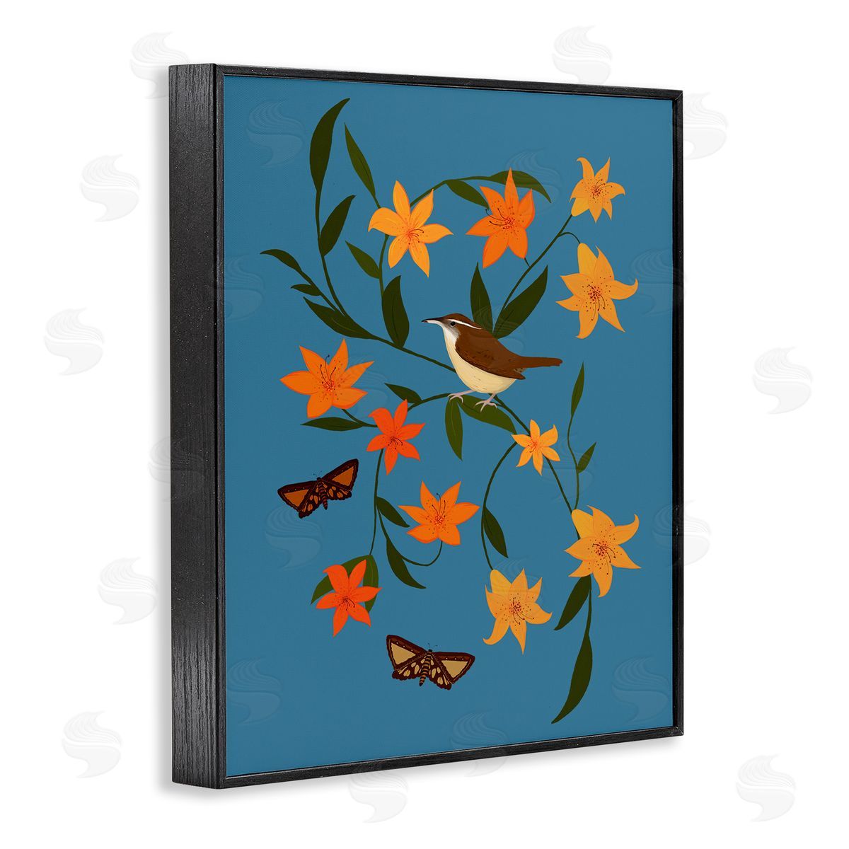 Sparrow on Lily Bunches Black Frame Print Wall Art, Home Decor by Michelle Ingari Designs