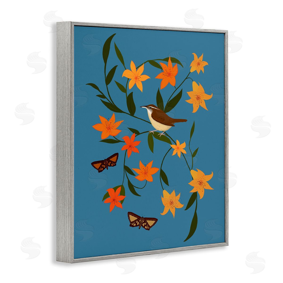 Sparrow on Lily Bunches Grey Frame Print Wall Art, Home Decor by Michelle Ingari Designs