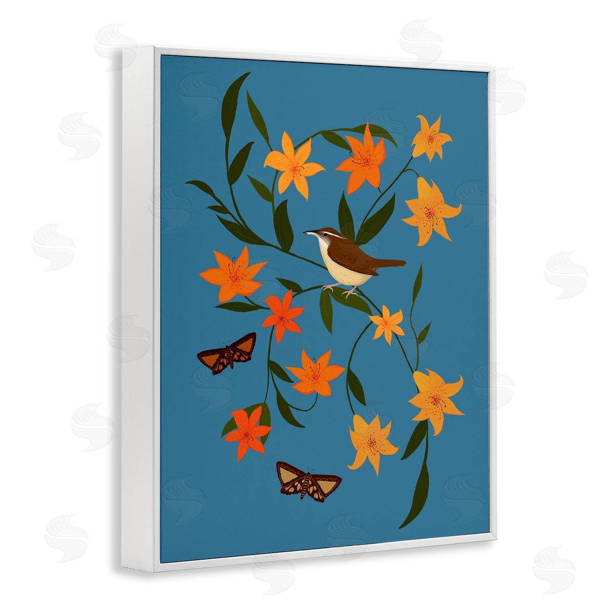 Sparrow on Lily Bunches White Frame Print Wall Art, Home Decor by Michelle Ingari Designs