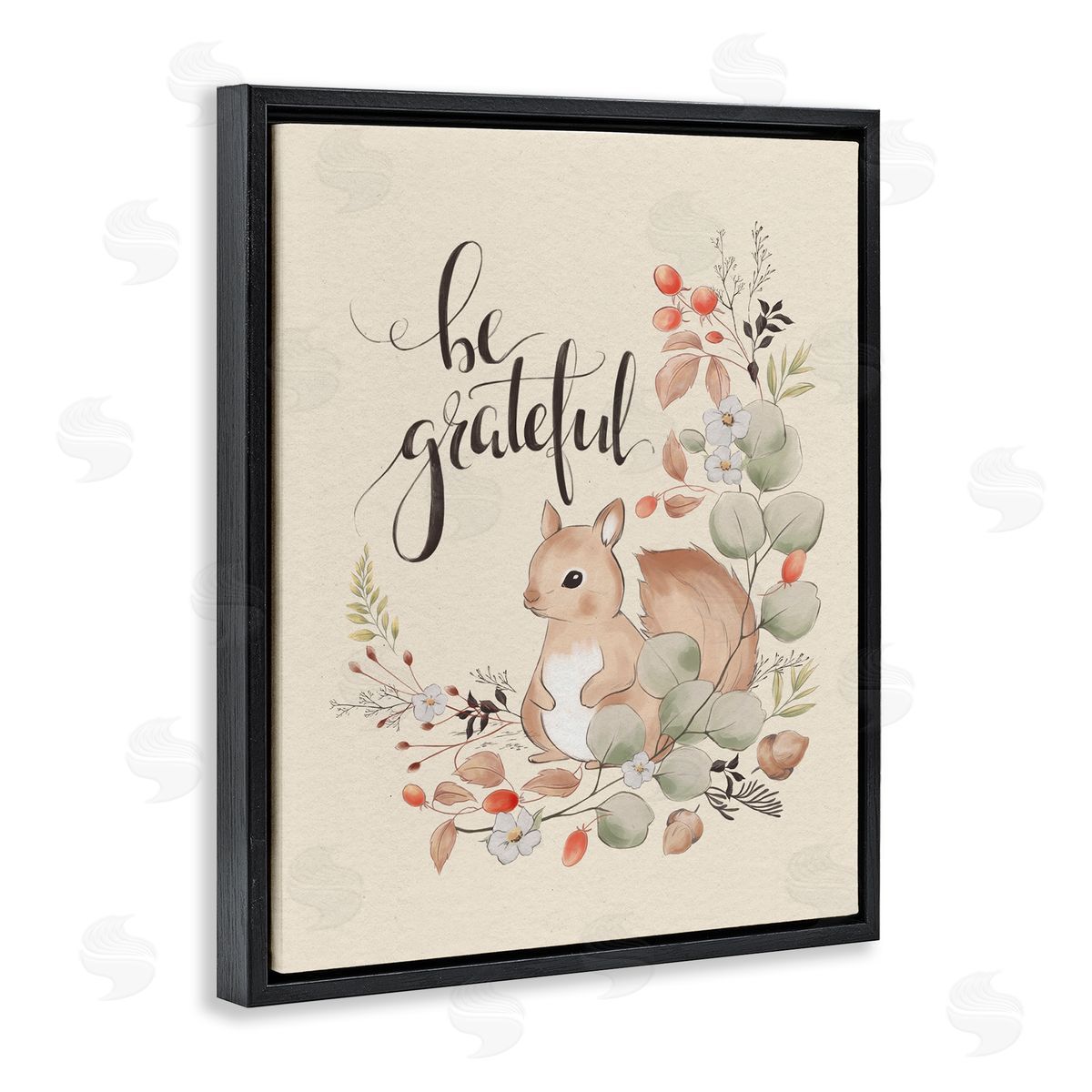 Be Grateful Squirrel Black Floating Frame Canvas Wall Art, Home Decor by Andrea Jasid Grassi
