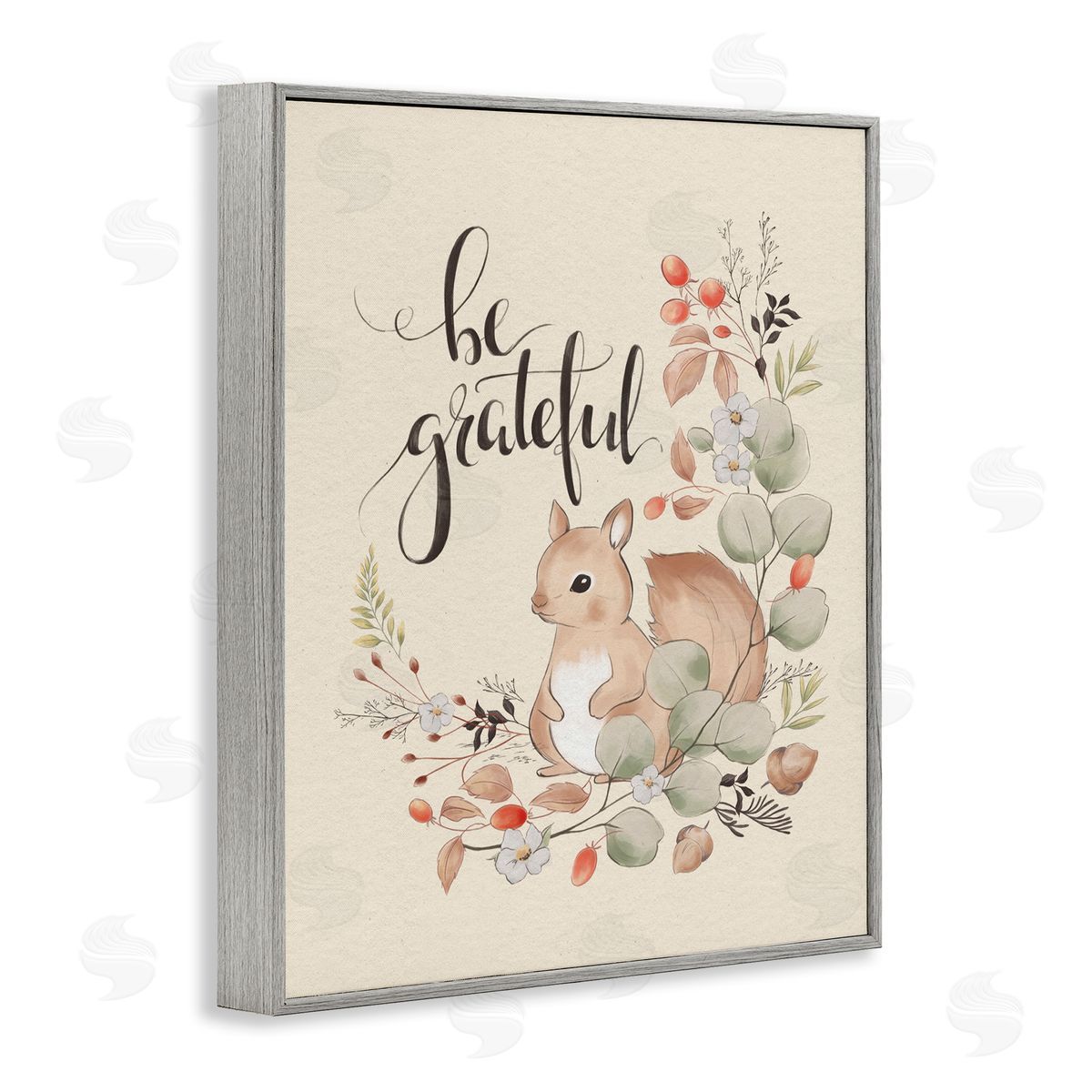 Be Grateful Squirrel Grey Frame Print Wall Art, Home Decor by Andrea Jasid Grassi