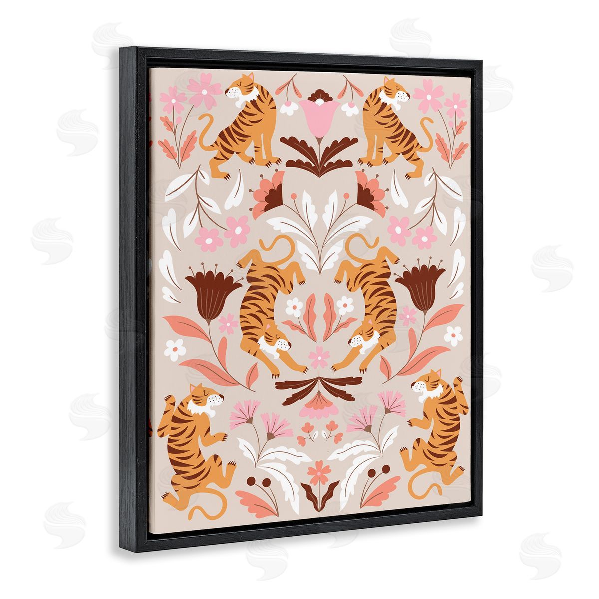 Mirrored Boho Tigers Black Floating Frame Canvas Wall Art, Home Decor by Angela Nickeas