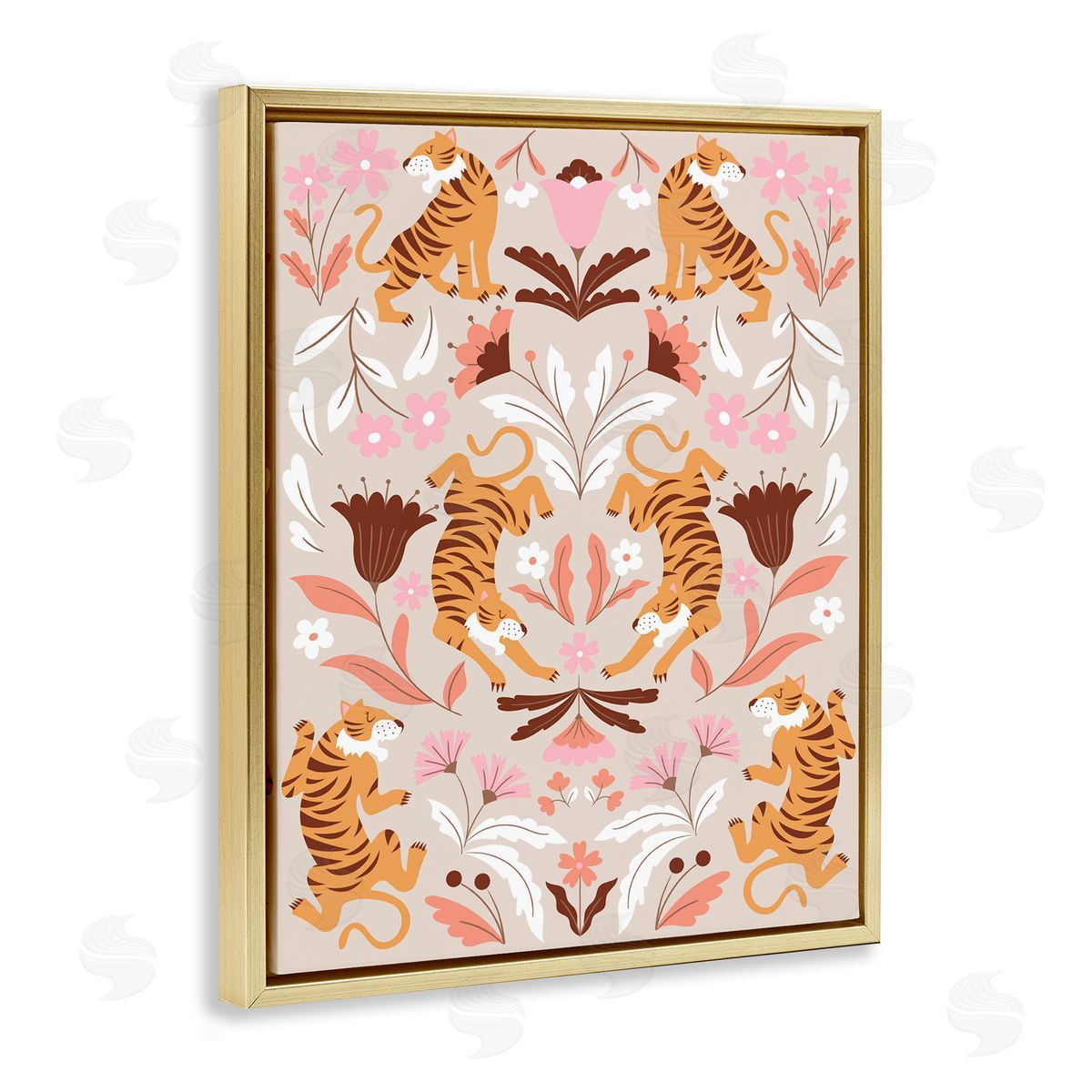 Mirrored Boho Tigers Gold Floating Frame Canvas Wall Art, Home Decor by Angela Nickeas