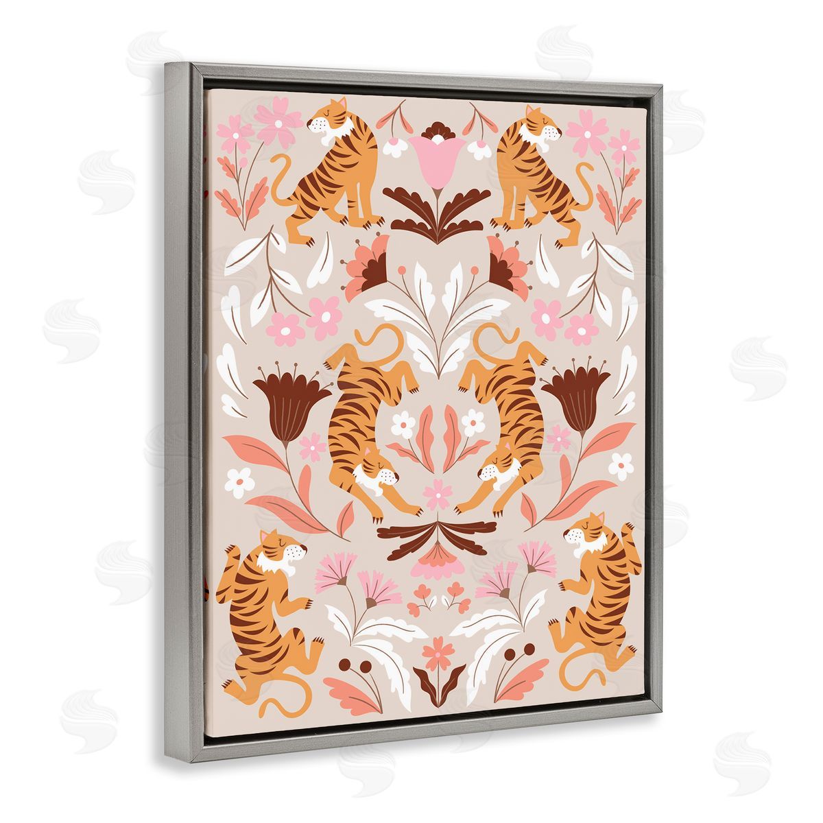Mirrored Boho Tigers Grey Floating Frame Canvas Wall Art, Home Decor by Angela Nickeas