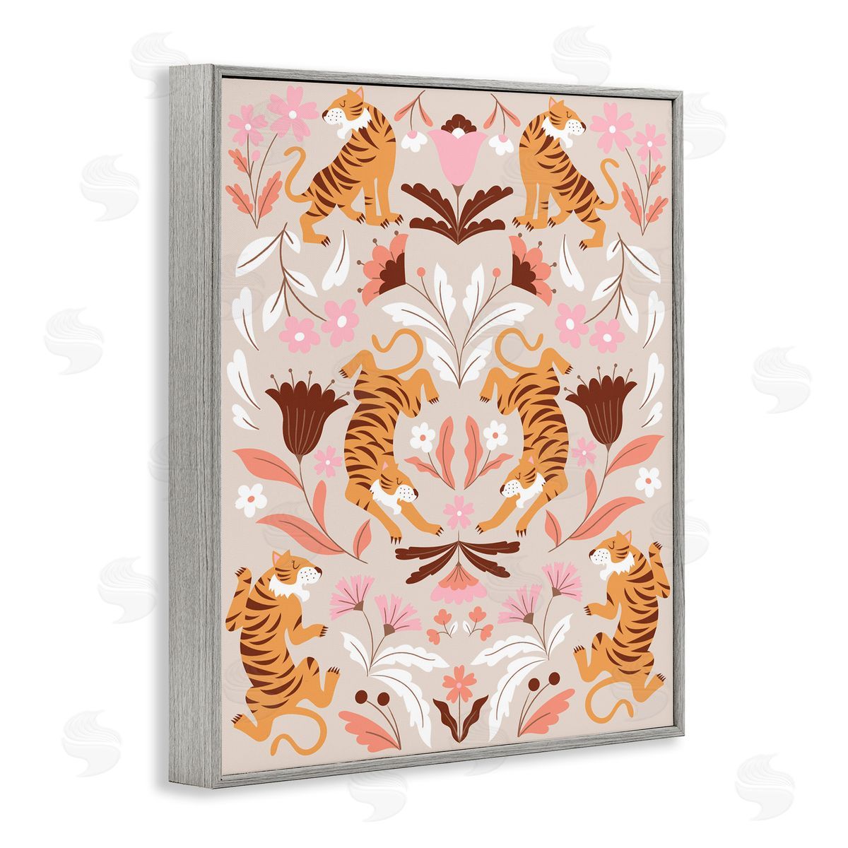 Mirrored Boho Tigers Grey Frame Print Wall Art, Home Decor by Angela Nickeas