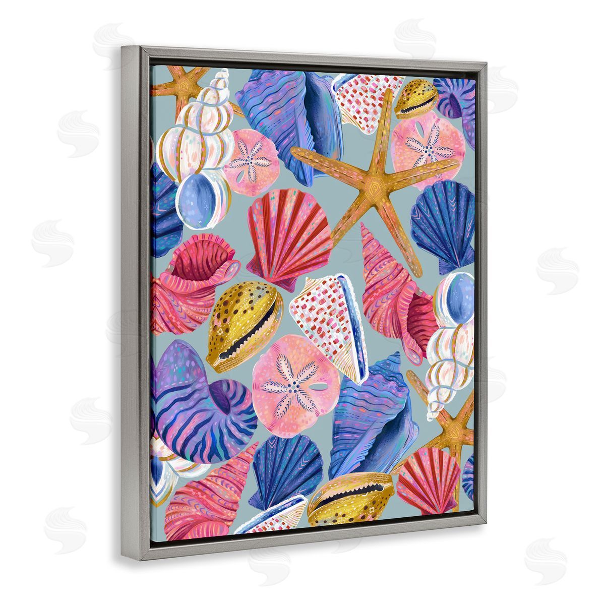 Bright Seashells Assortment Grey Floating Frame Canvas Wall Art, Home Decor by Arrolynn Weiderhold