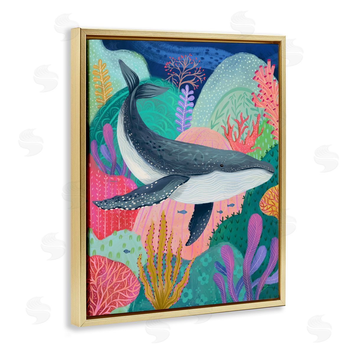 Bright Whale & Sea Coral Gold Floating Frame Canvas Wall Art, Home Decor by Arrolynn Weiderhold