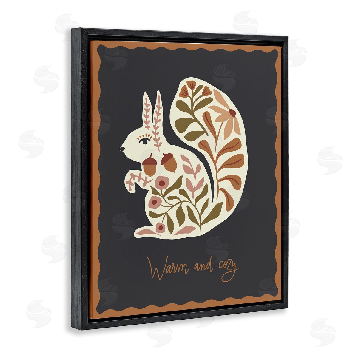 Autumnal Folk Squirrel Black Floating Frame Canvas Wall Art, Home Decor by Caroline Alfreds