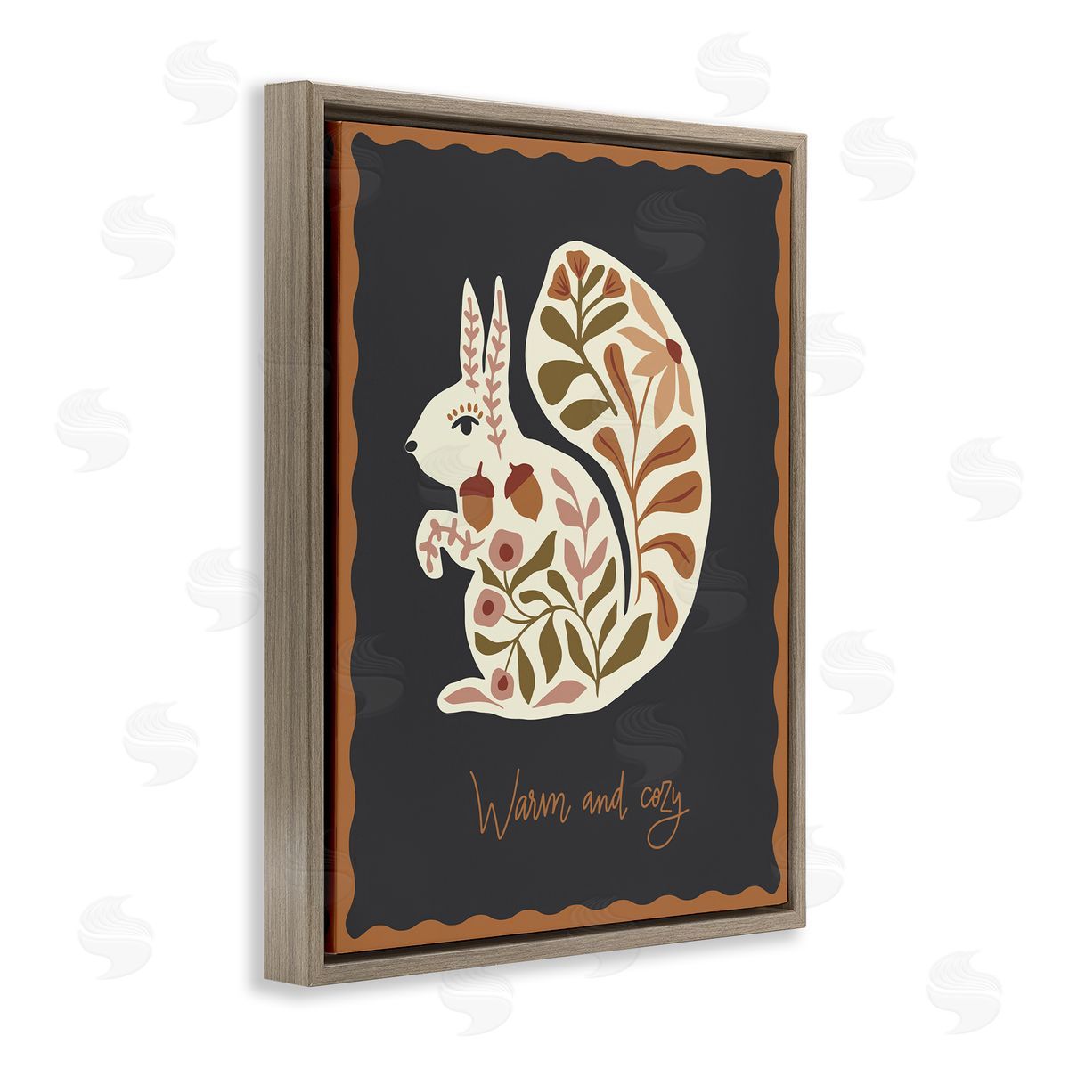 Autumnal Folk Squirrel Brown Floating Frame Canvas Wall Art, Home Decor by Caroline Alfreds