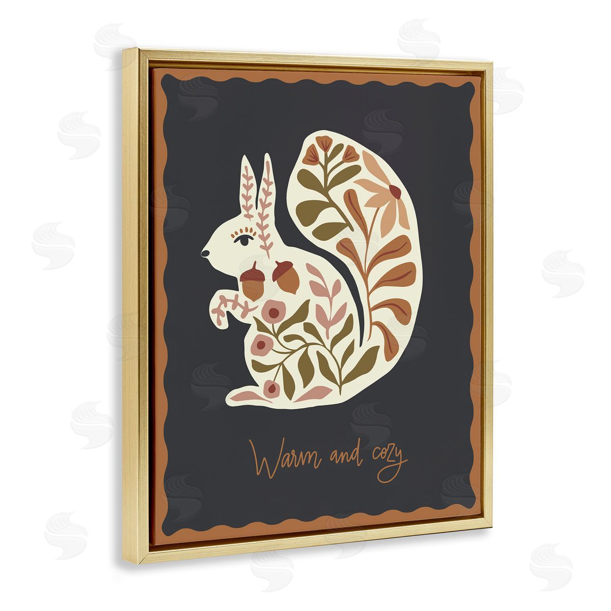 Autumnal Folk Squirrel Gold Floating Frame Canvas Wall Art, Home Decor by Caroline Alfreds