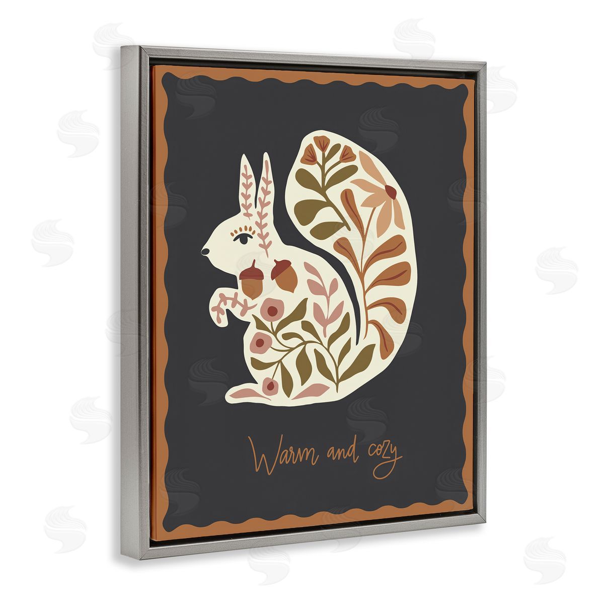 Autumnal Folk Squirrel Grey Floating Frame Canvas Wall Art, Home Decor by Caroline Alfreds