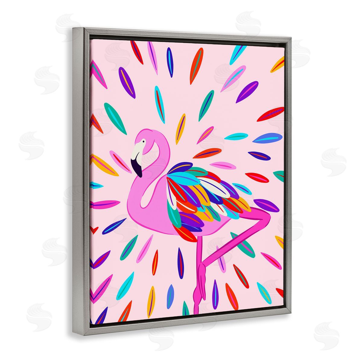 Flamingo Feather Flair Grey Floating Frame Canvas Wall Art, Home Decor by Catalina Aguirre