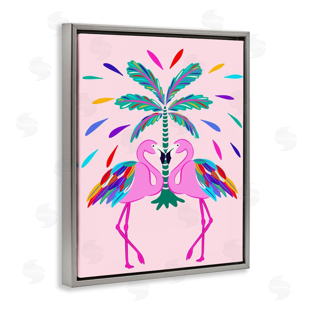 Mirrored Flamingos Flair Grey Floating Frame Canvas Wall Art, Home Decor by Catalina Aguirre