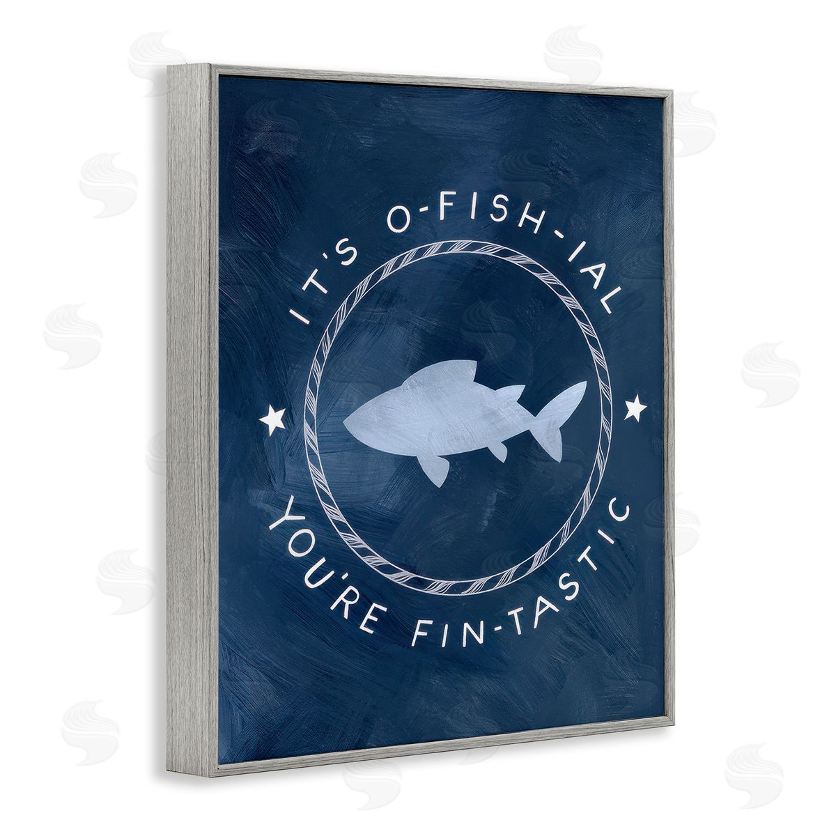 Officially Fantastic Fish Pun Grey Frame Print Wall Art, Home Decor by Caverly Smith