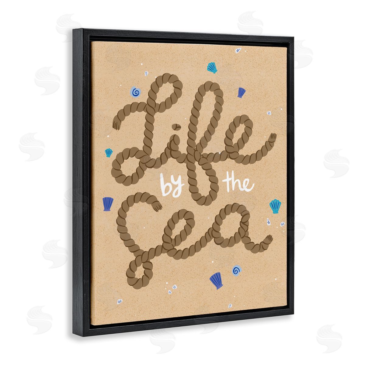 Life By Sea Nautical Rope Black Floating Frame Canvas Wall Art, Home Decor by Deborah Curiel