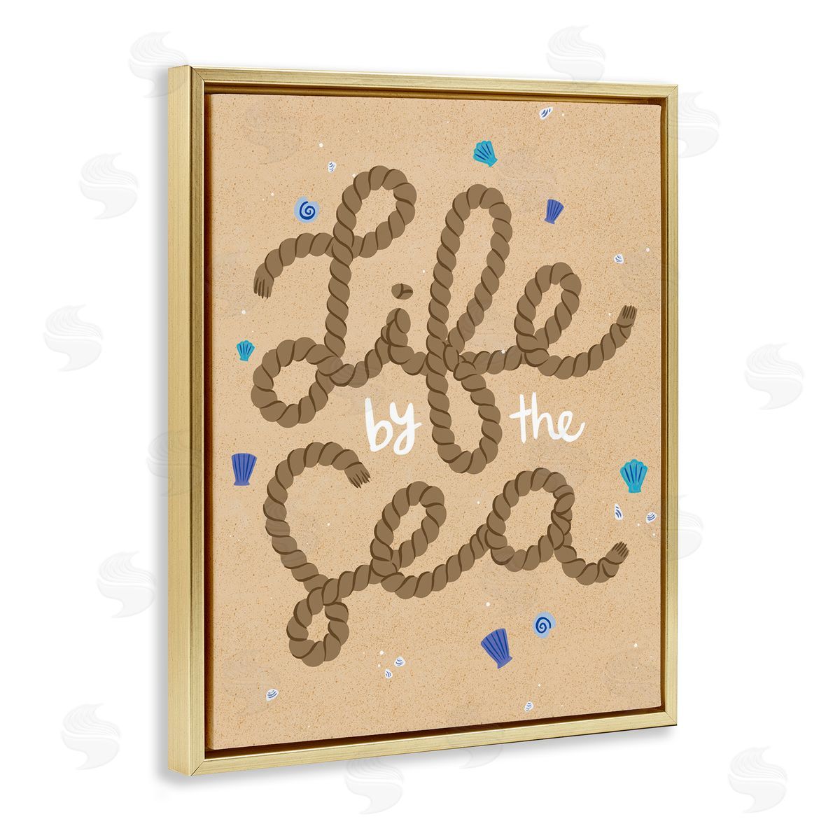 Life By Sea Nautical Rope Gold Floating Frame Canvas Wall Art, Home Decor by Deborah Curiel