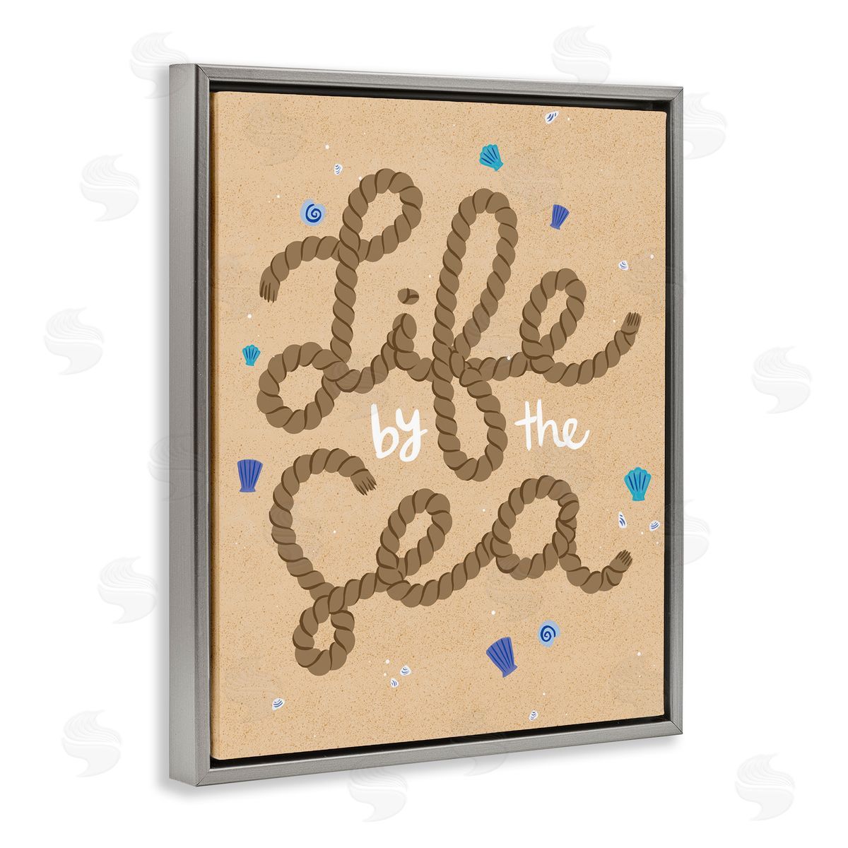 Life By Sea Nautical Rope Grey Floating Frame Canvas Wall Art, Home Decor by Deborah Curiel