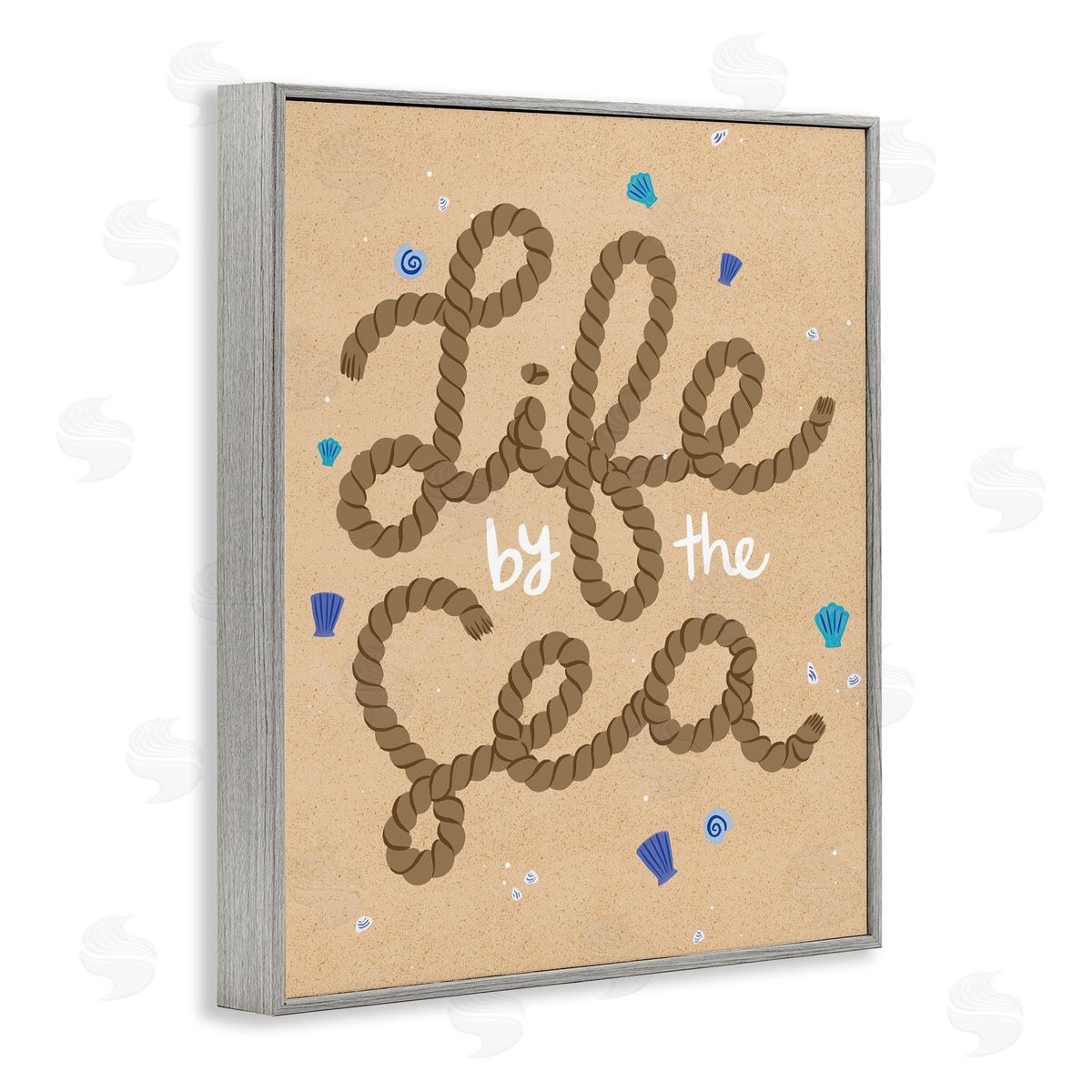 Life By Sea Nautical Rope Grey Frame Print Wall Art, Home Decor by Deborah Curiel