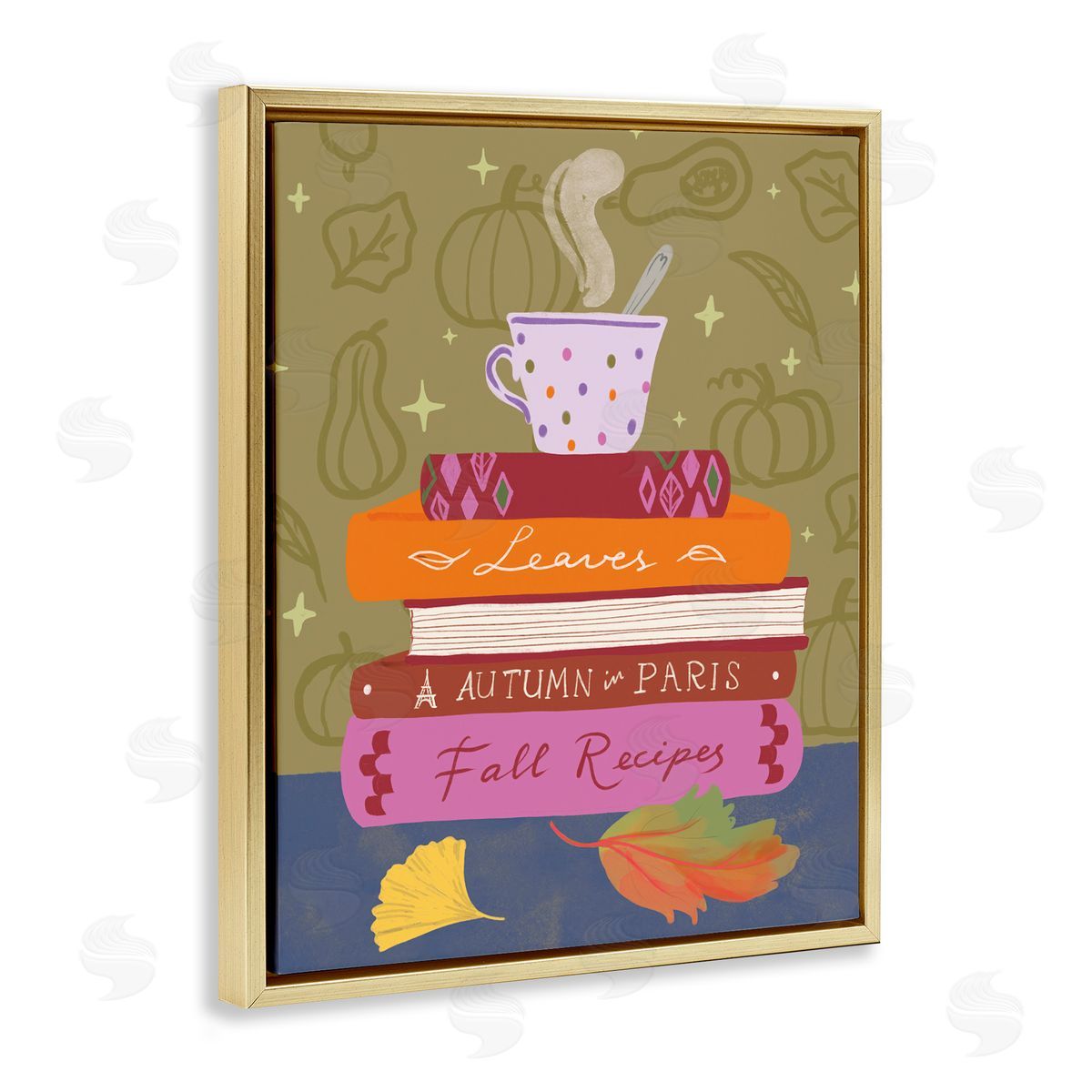 Autumnal Mug on Bookstack Gold Floating Frame Canvas Wall Art, Home Decor by Be Ni La