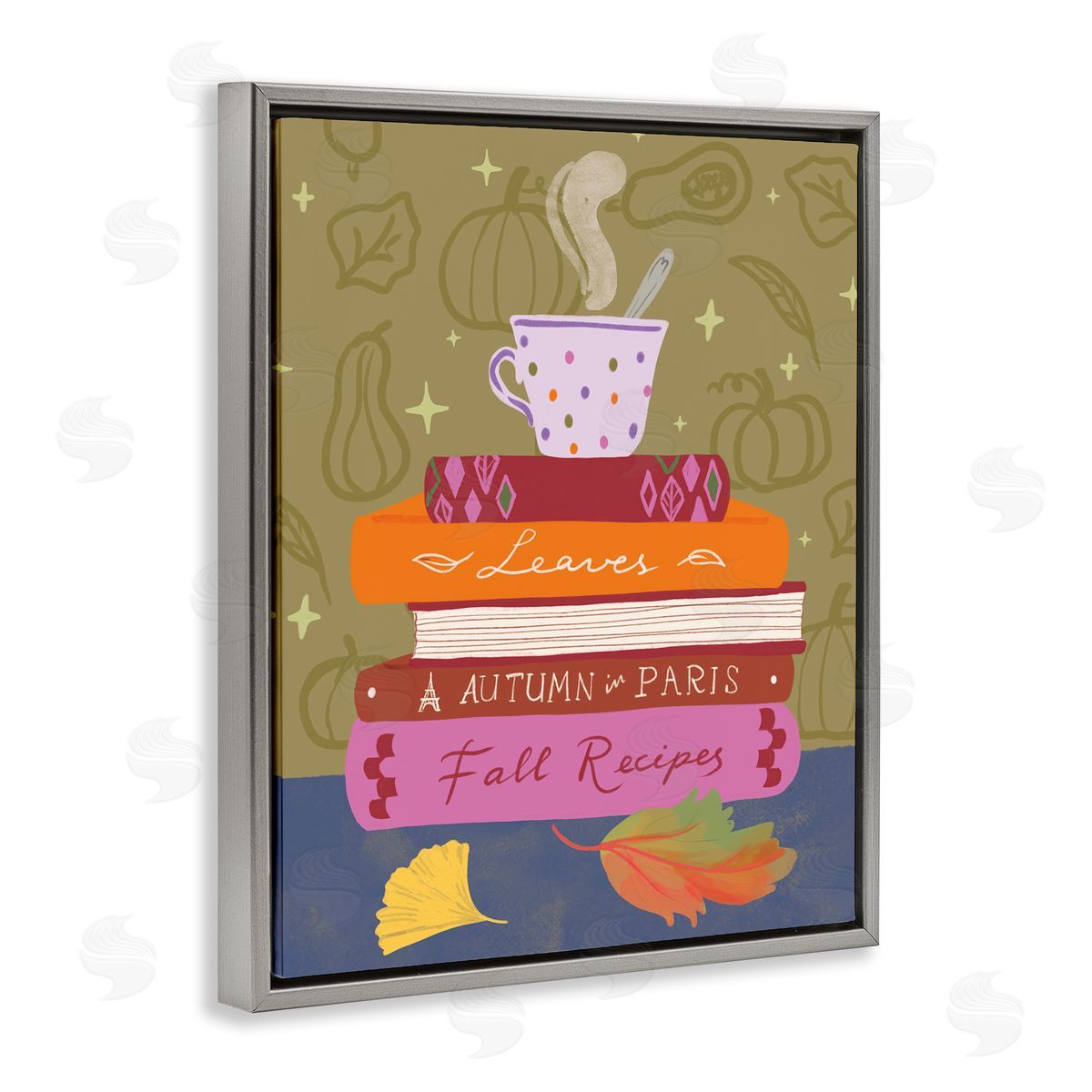 Autumnal Mug on Bookstack Grey Floating Frame Canvas Wall Art, Home Decor by Be Ni La