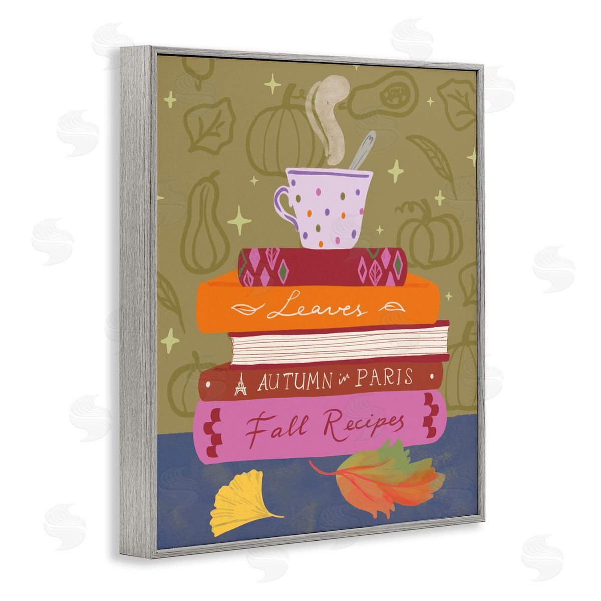 Autumnal Mug on Bookstack Grey Frame Print Wall Art, Home Decor by Be Ni La