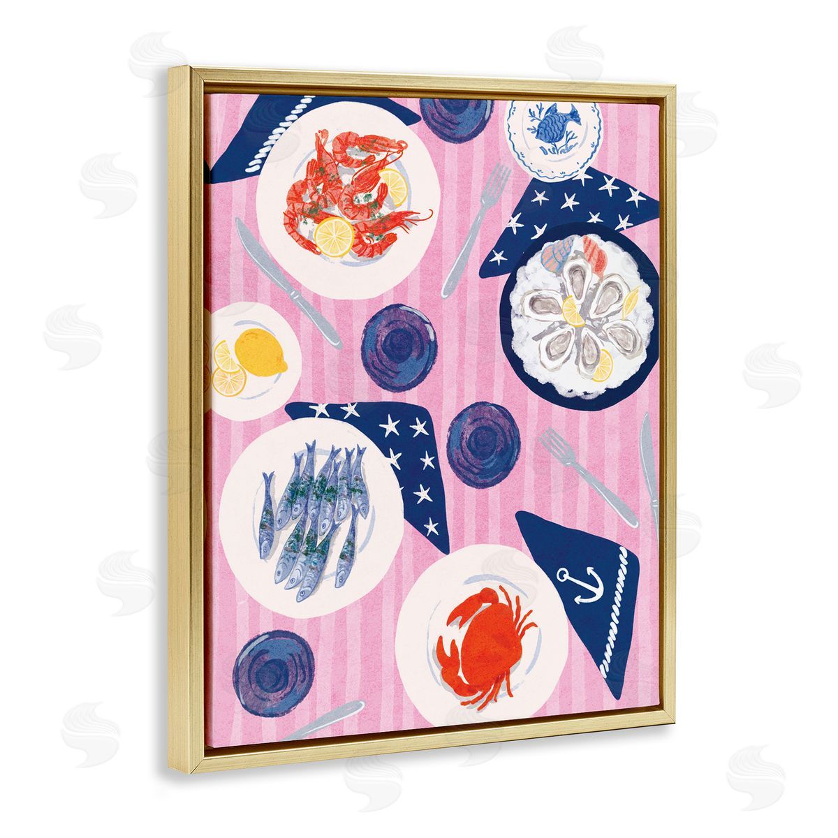 Seafood Plates Table Gold Floating Frame Canvas Wall Art, Home Decor by Be Ni La