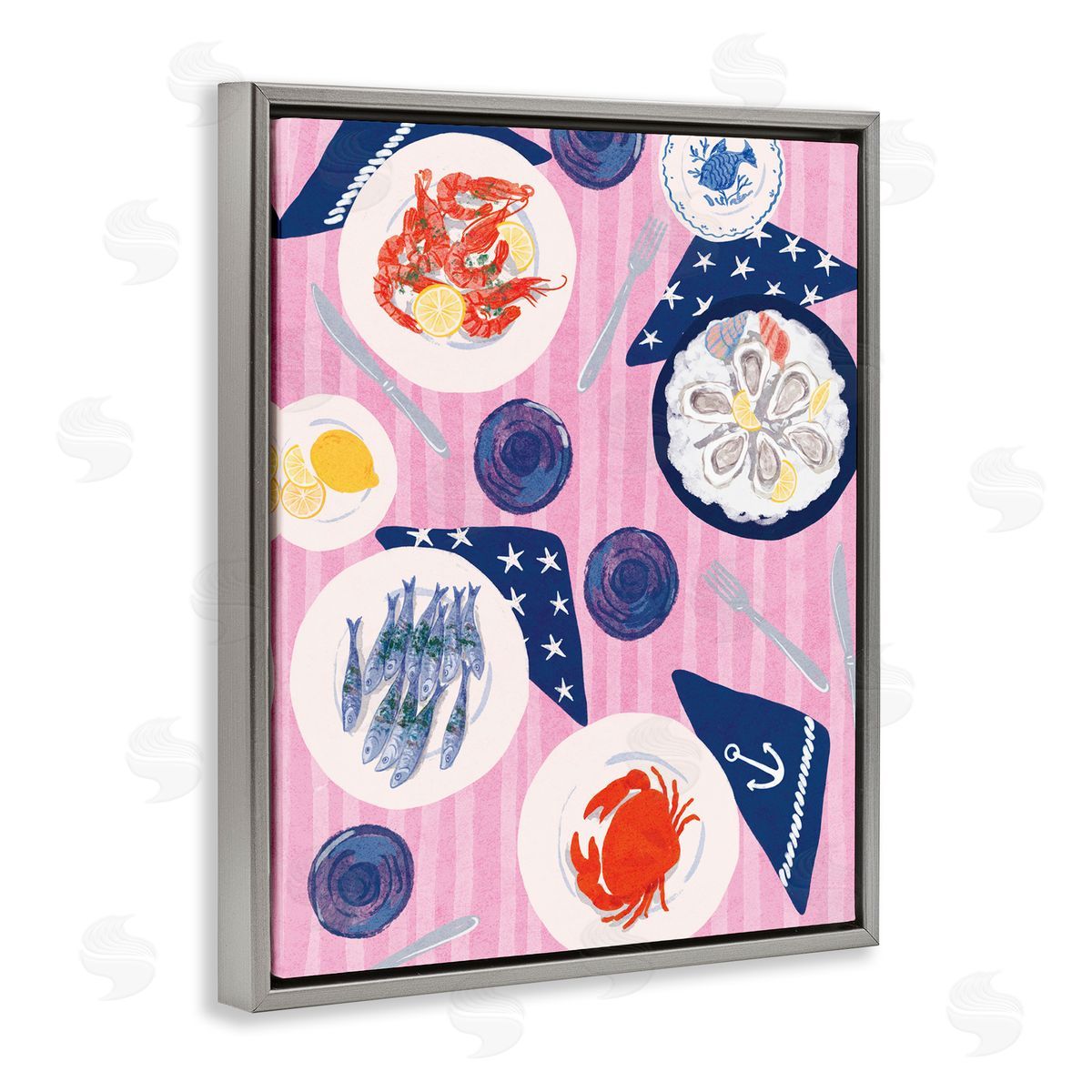 Seafood Plates Table Grey Floating Frame Canvas Wall Art, Home Decor by Be Ni La