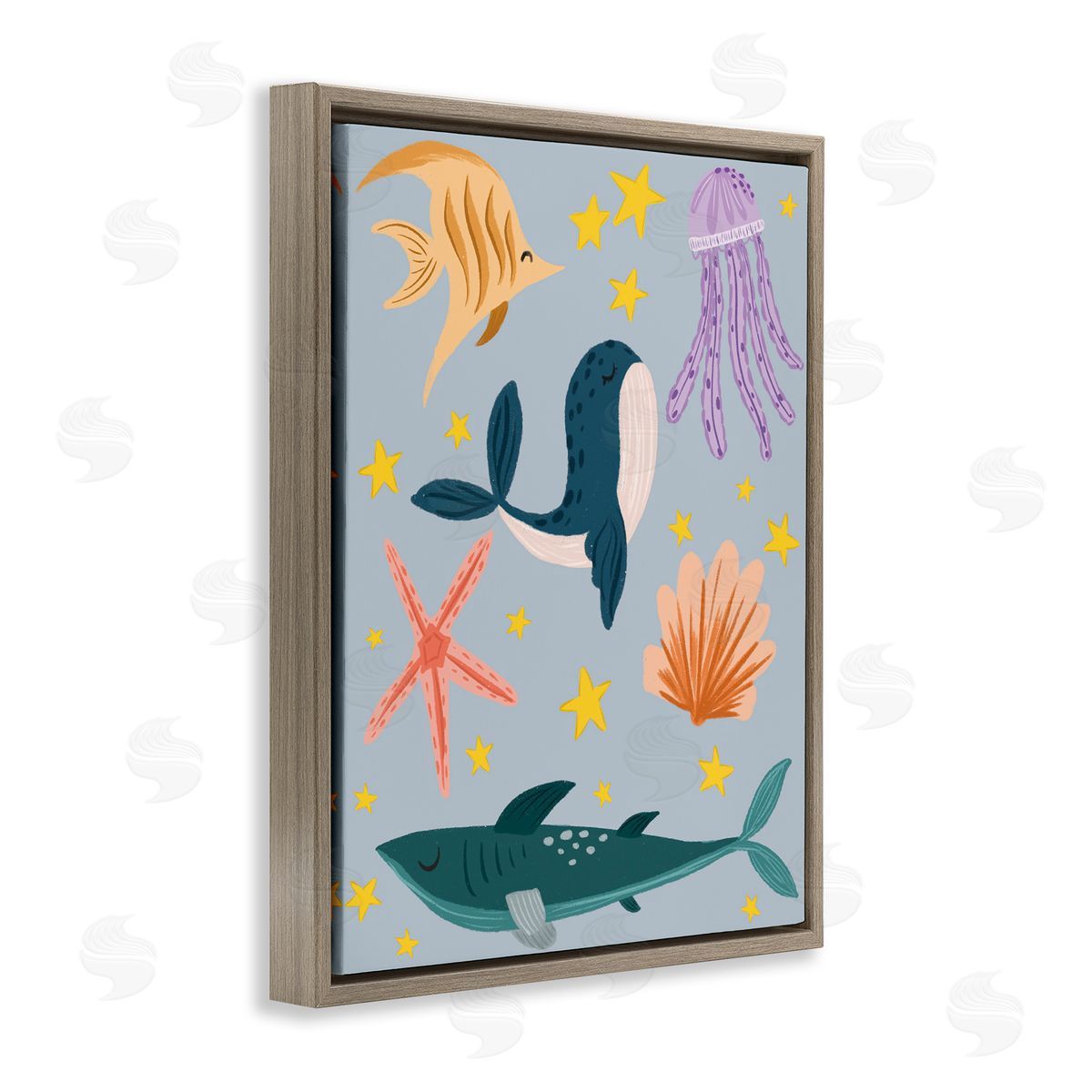 Whimsical Marine Creatures Brown Floating Frame Canvas Wall Art, Home Decor by Isabela Schielke
