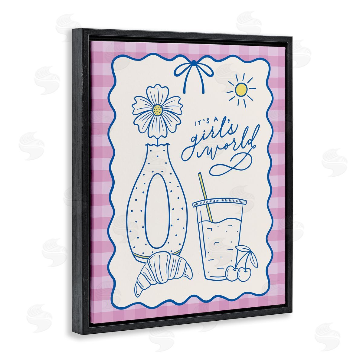 Girl's World on Plaid Black Floating Frame Canvas Wall Art, Home Decor by Jalynn Heerdt