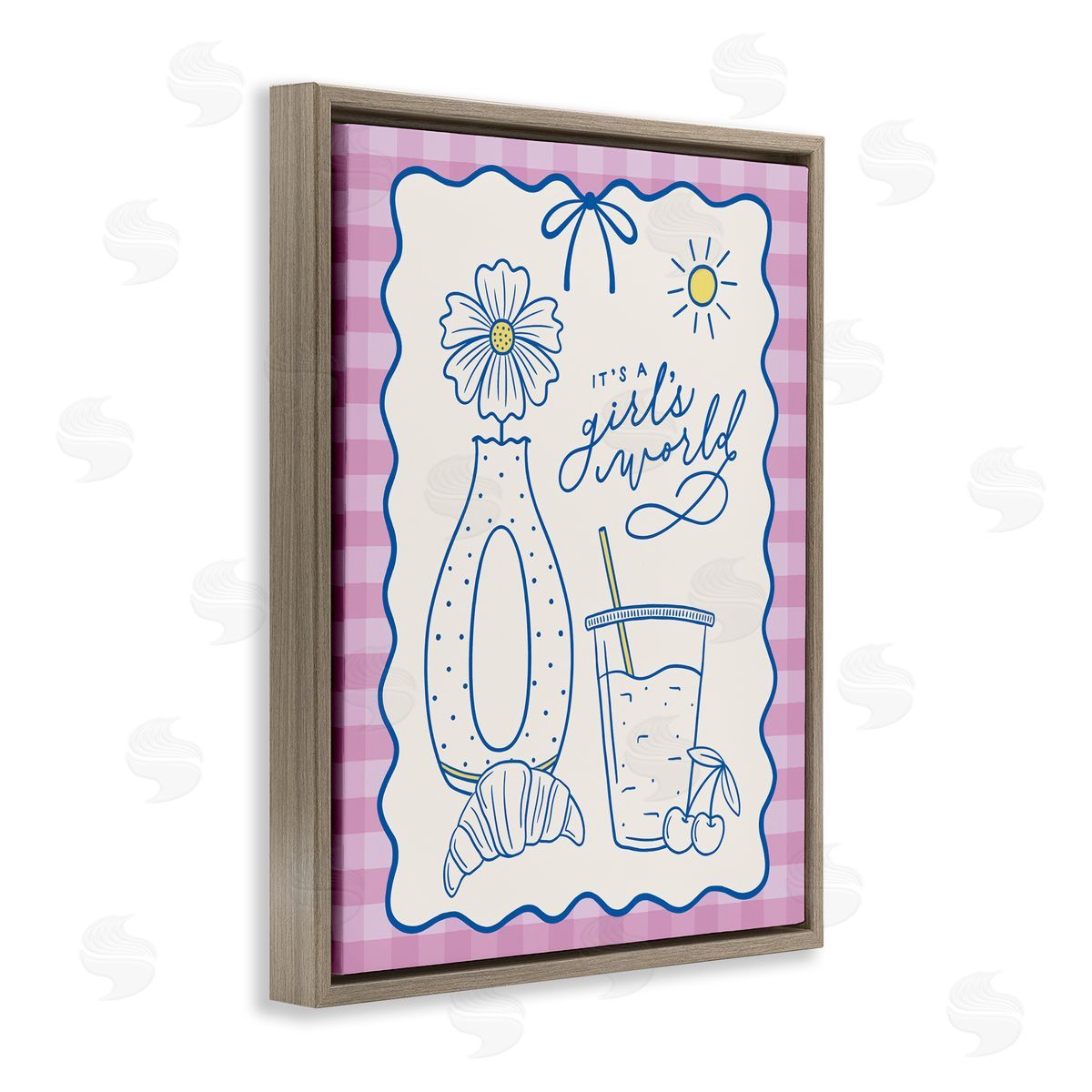 Girl's World on Plaid Brown Floating Frame Canvas Wall Art, Home Decor by Jalynn Heerdt