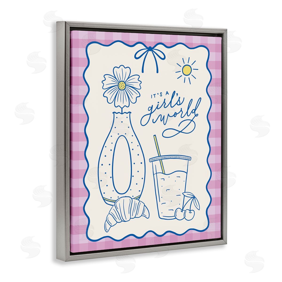 Girl's World on Plaid Grey Floating Frame Canvas Wall Art, Home Decor by Jalynn Heerdt