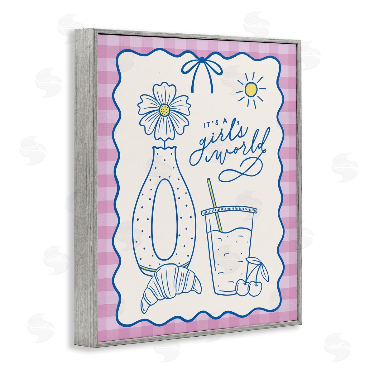 Girl's World on Plaid Grey Frame Print Wall Art, Home Decor by Jalynn Heerdt