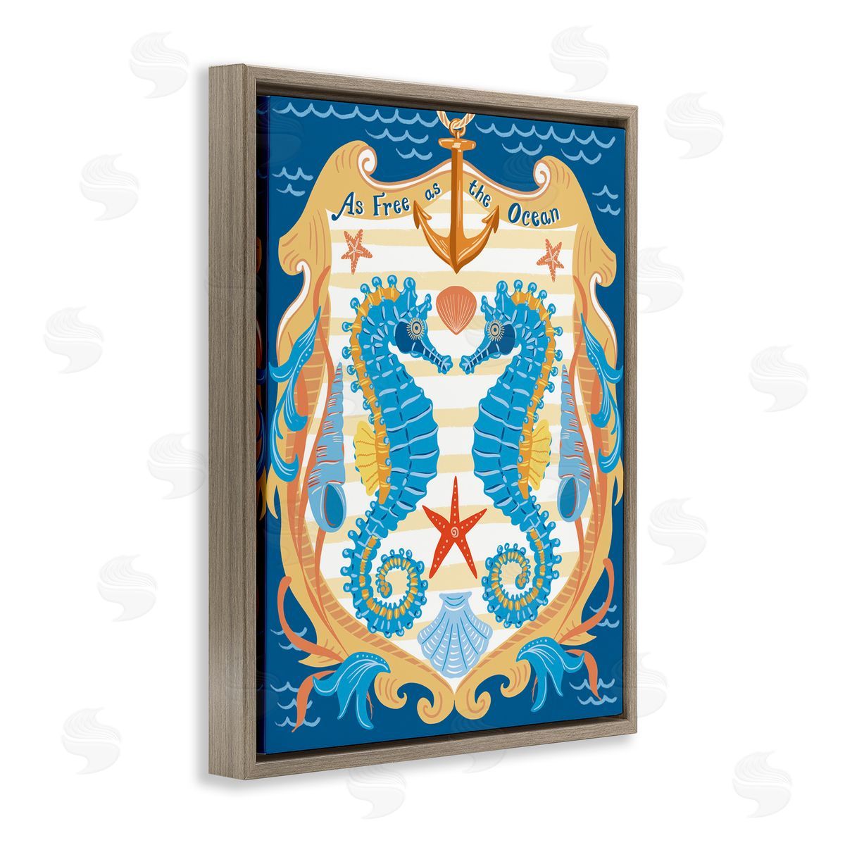 Free As Ocean Seahorses Brown Floating Frame Canvas Wall Art, Home Decor by Jo Reid