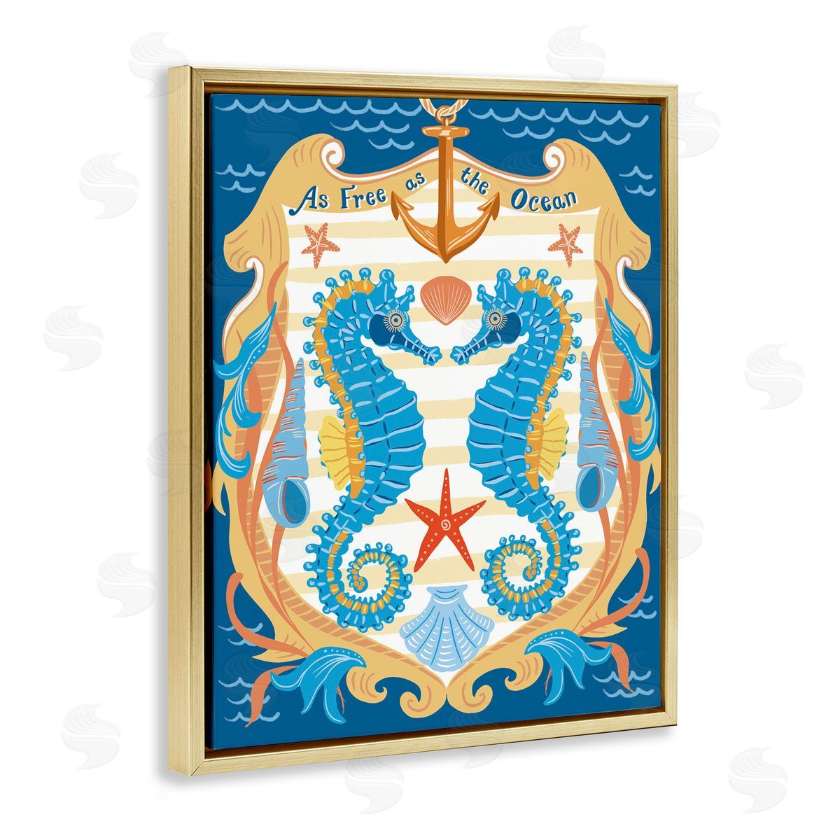 Free As Ocean Seahorses Gold Floating Frame Canvas Wall Art, Home Decor by Jo Reid