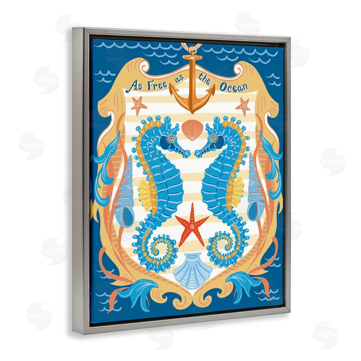 Free As Ocean Seahorses Grey Floating Frame Canvas Wall Art, Home Decor by Jo Reid