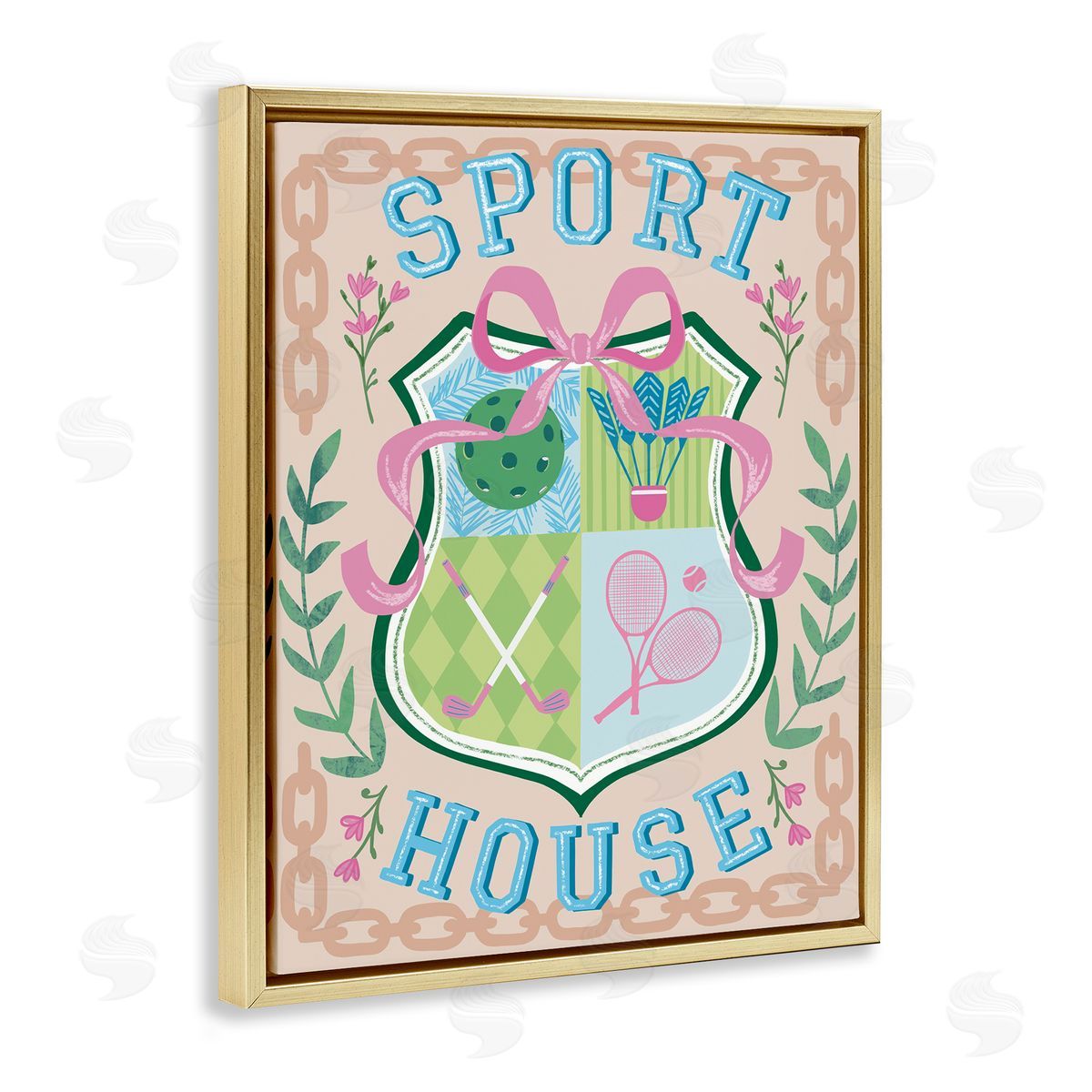 Preppy Coast Emblem Gold Floating Frame Canvas Wall Art, Home Decor by Jo Reid