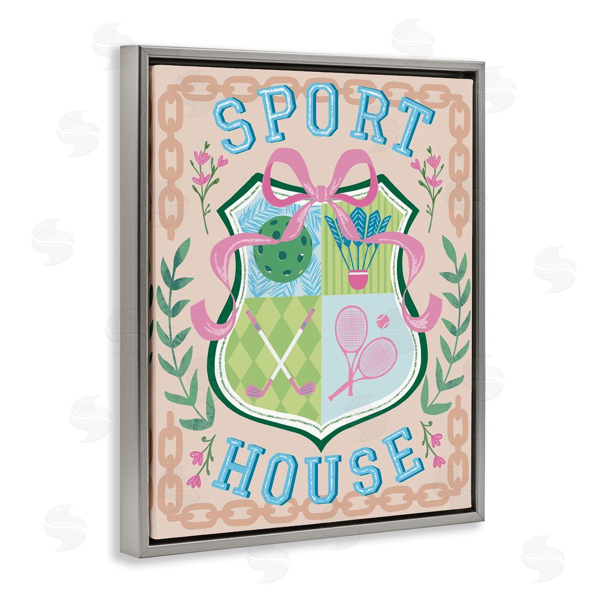 Preppy Coast Emblem Grey Floating Frame Canvas Wall Art, Home Decor by Jo Reid