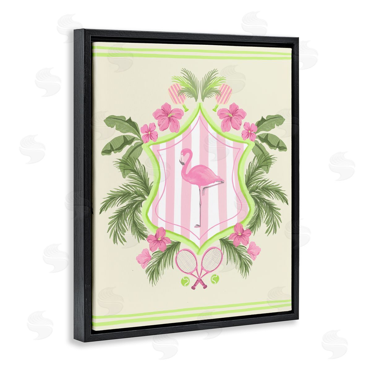 Palm Beach Flamingo Emblem Black Floating Frame Canvas Wall Art, Home Decor by Kate Eldridge