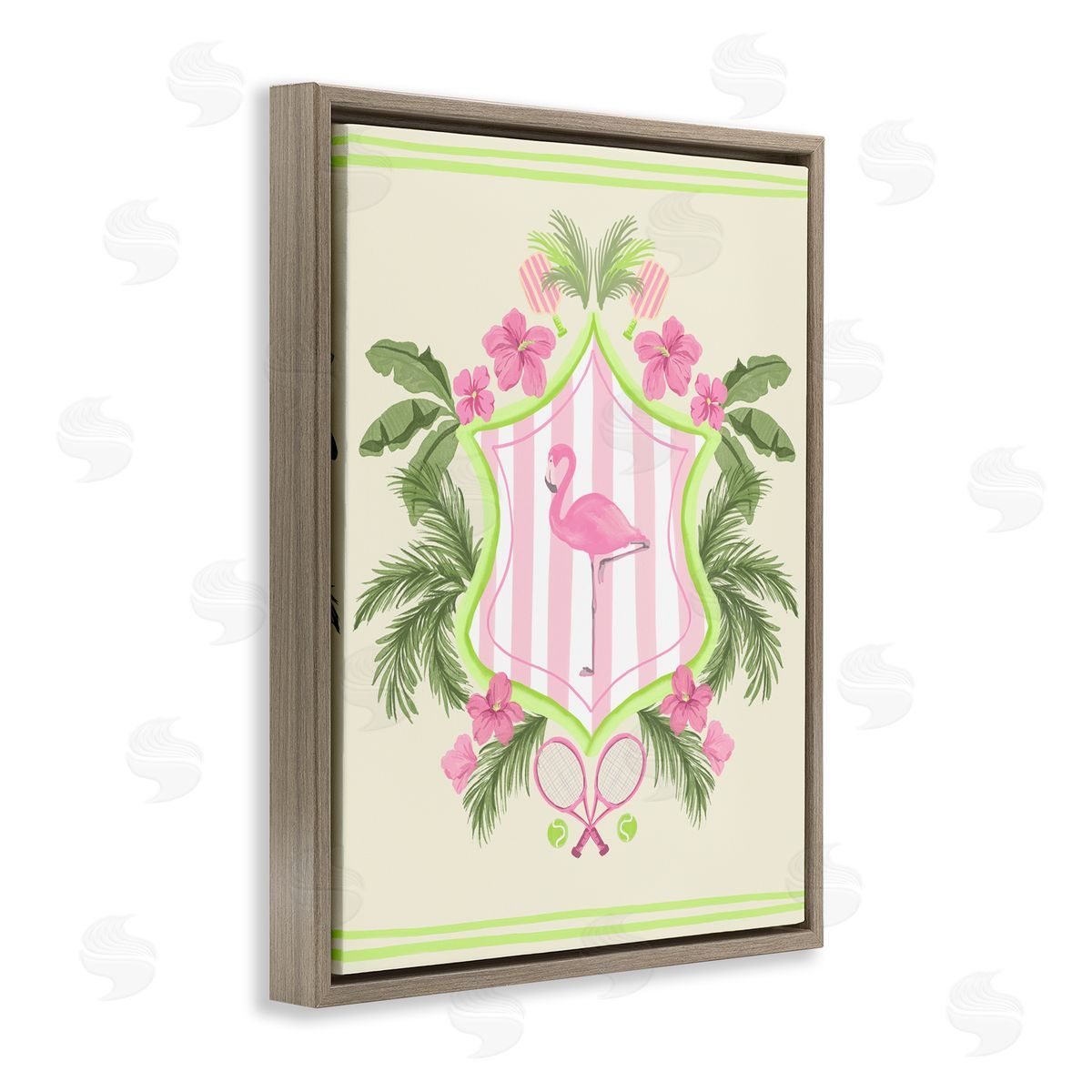 Palm Beach Flamingo Emblem Brown Floating Frame Canvas Wall Art, Home Decor by Kate Eldridge
