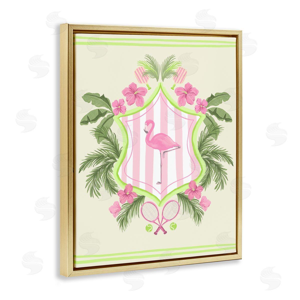 Palm Beach Flamingo Emblem Gold Floating Frame Canvas Wall Art, Home Decor by Kate Eldridge