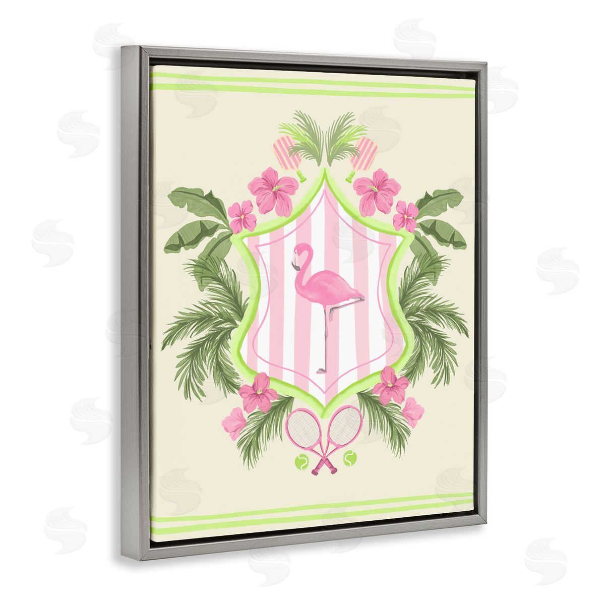 Palm Beach Flamingo Emblem Grey Floating Frame Canvas Wall Art, Home Decor by Kate Eldridge
