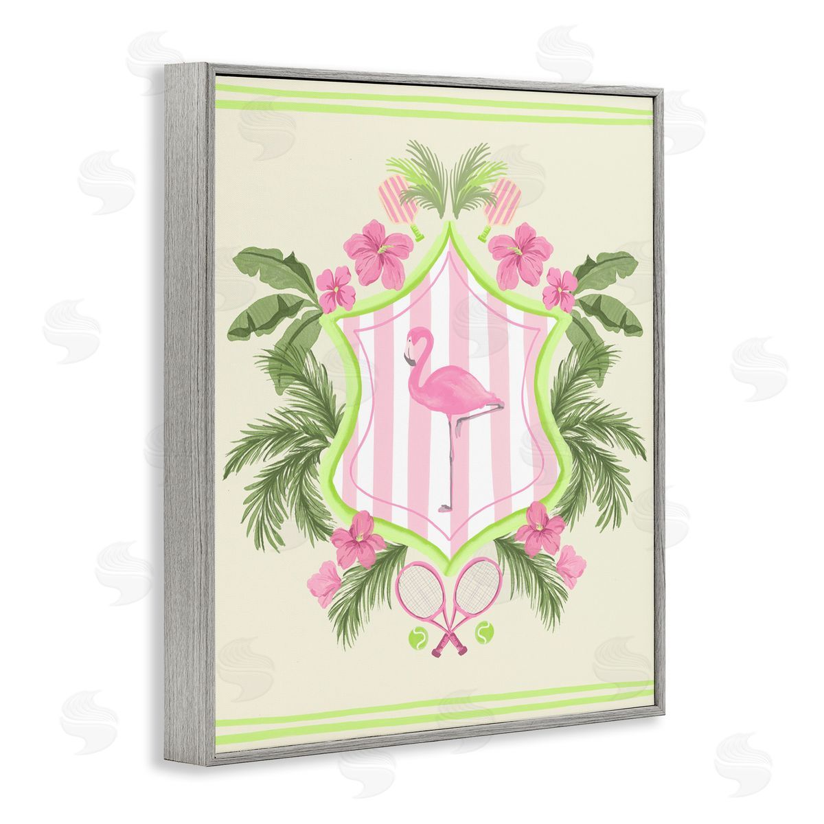 Palm Beach Flamingo Emblem Grey Frame Print Wall Art, Home Decor by Kate Eldridge