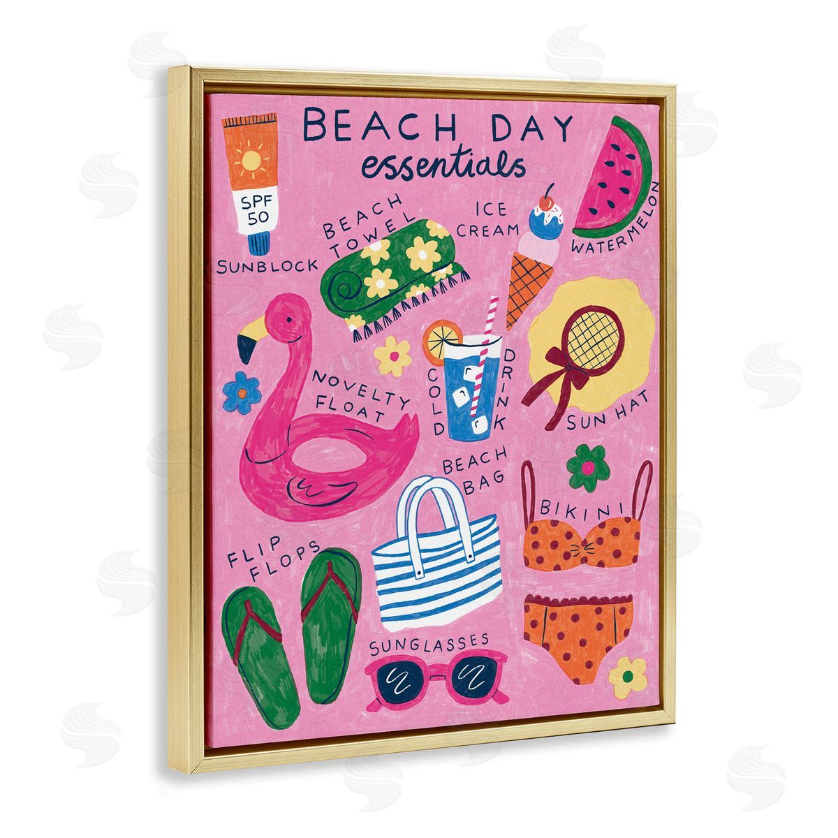 Beach Day Essentials Gold Floating Frame Canvas Wall Art, Home Decor by Lisa Barlow