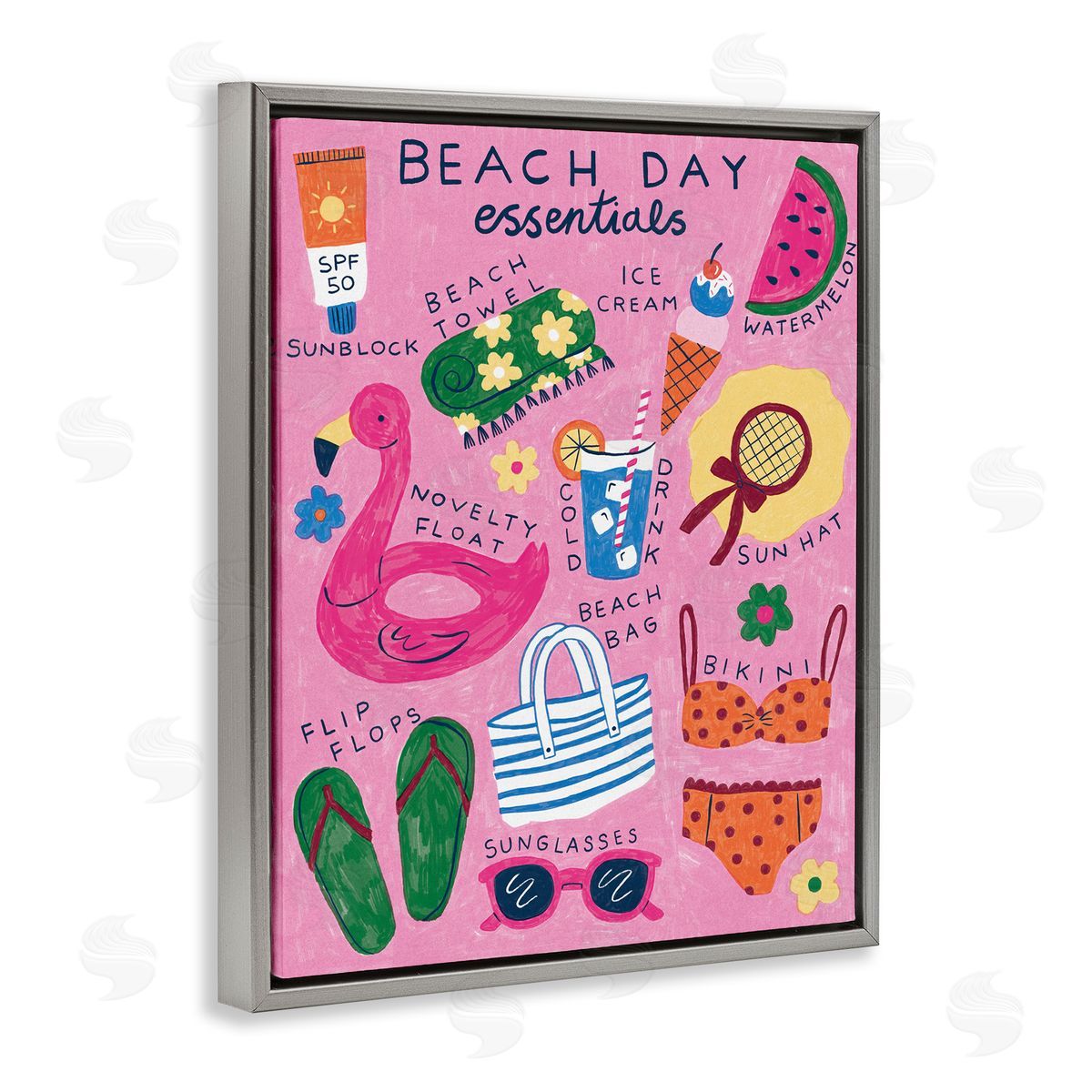 Beach Day Essentials Grey Floating Frame Canvas Wall Art, Home Decor by Lisa Barlow