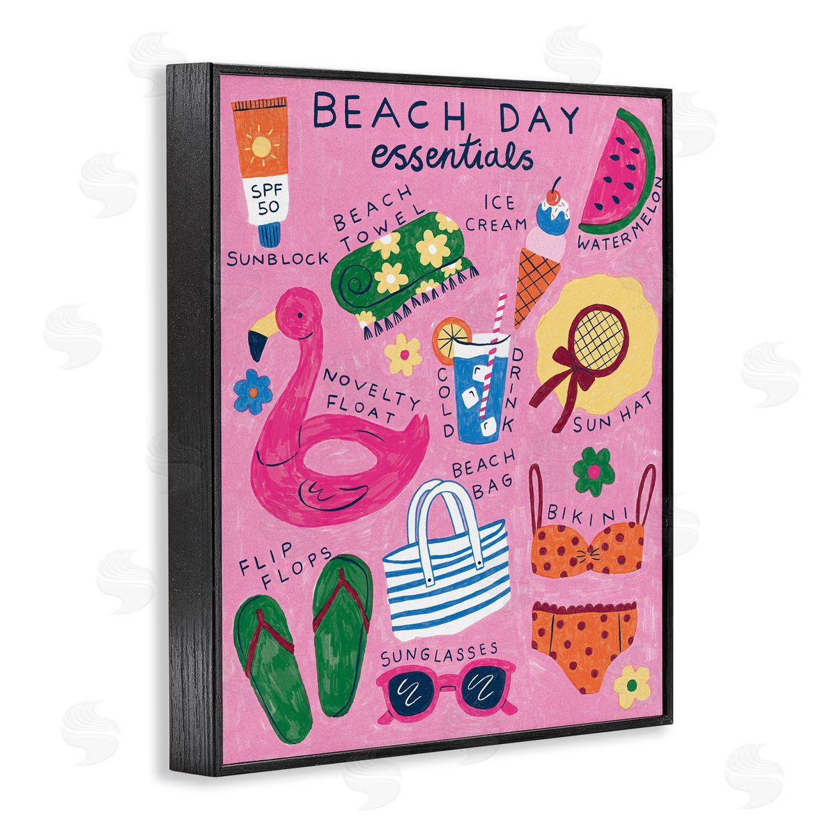 Beach Day Essentials Black Frame Print Wall Art, Home Decor by Lisa Barlow