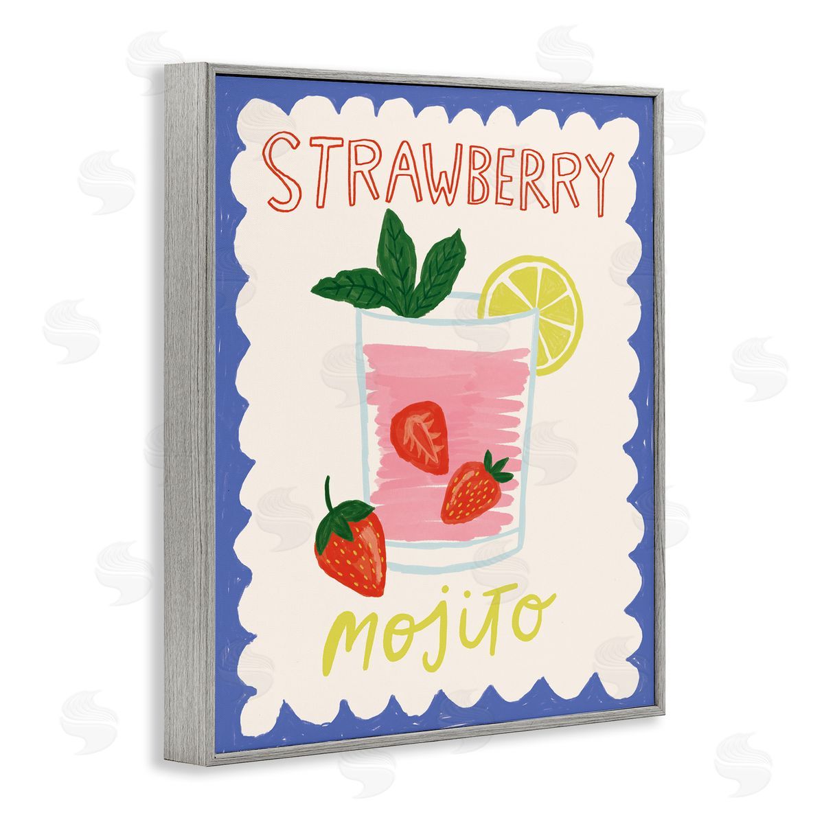 Strawberry Mojito Drink Grey Frame Print Wall Art, Home Decor by Lisa Barlow
