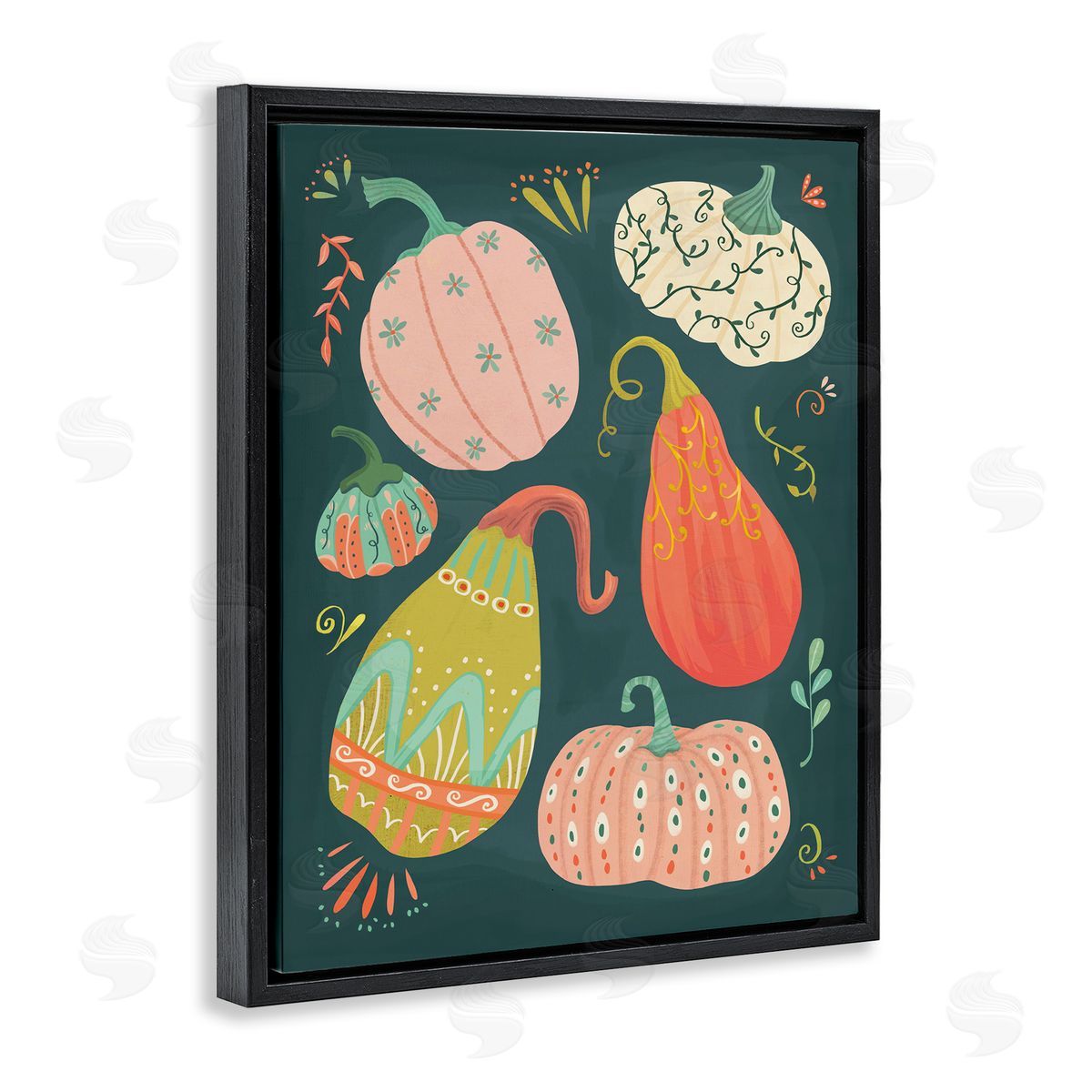 Patterned Autumn Gourds Black Floating Frame Canvas Wall Art, Home Decor by Laura Watson